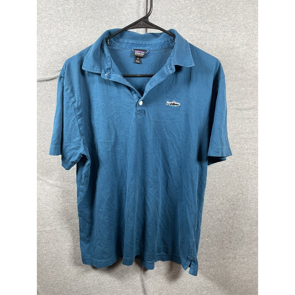 Patagonia Men's Organic Cotton Polo Shirt Blue Teal M Short Sleeve 2 Button Golf